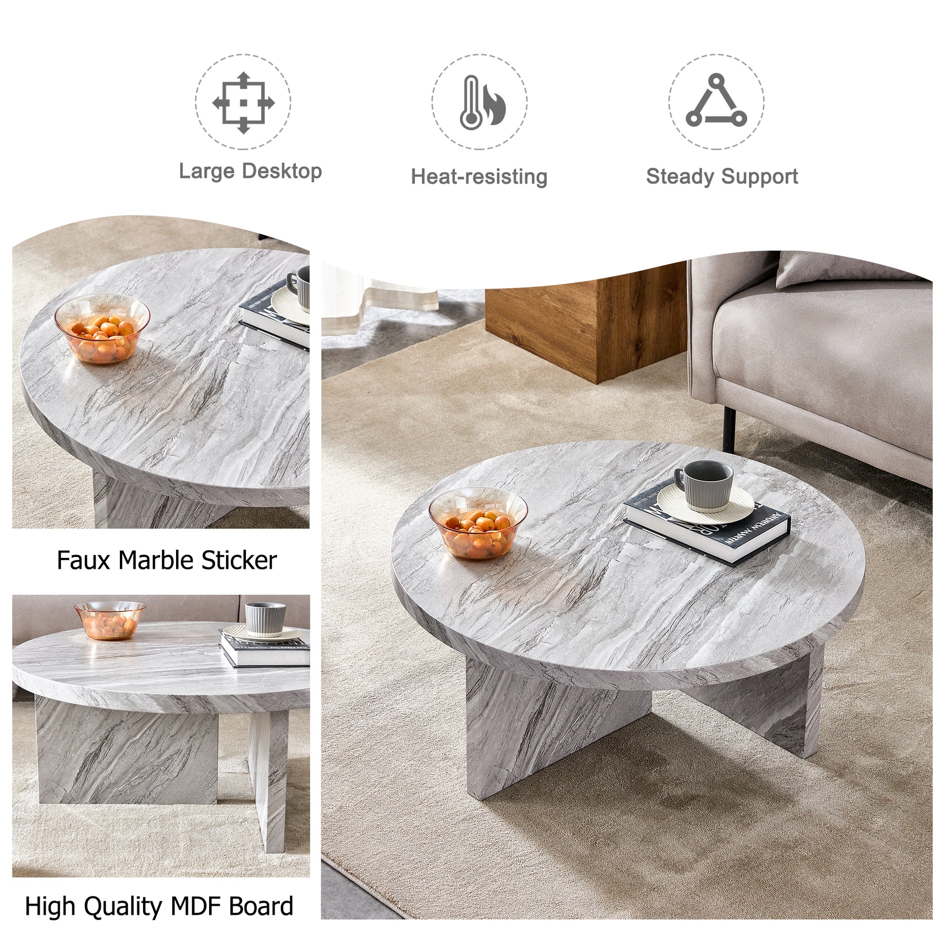 Gray Mdf Material Circular Textured Coffee Table, 31.4 Inch Gray Middle Table, Modern Coffee Table, Suitable For Small Spaces, Living Room. Gray Mdf