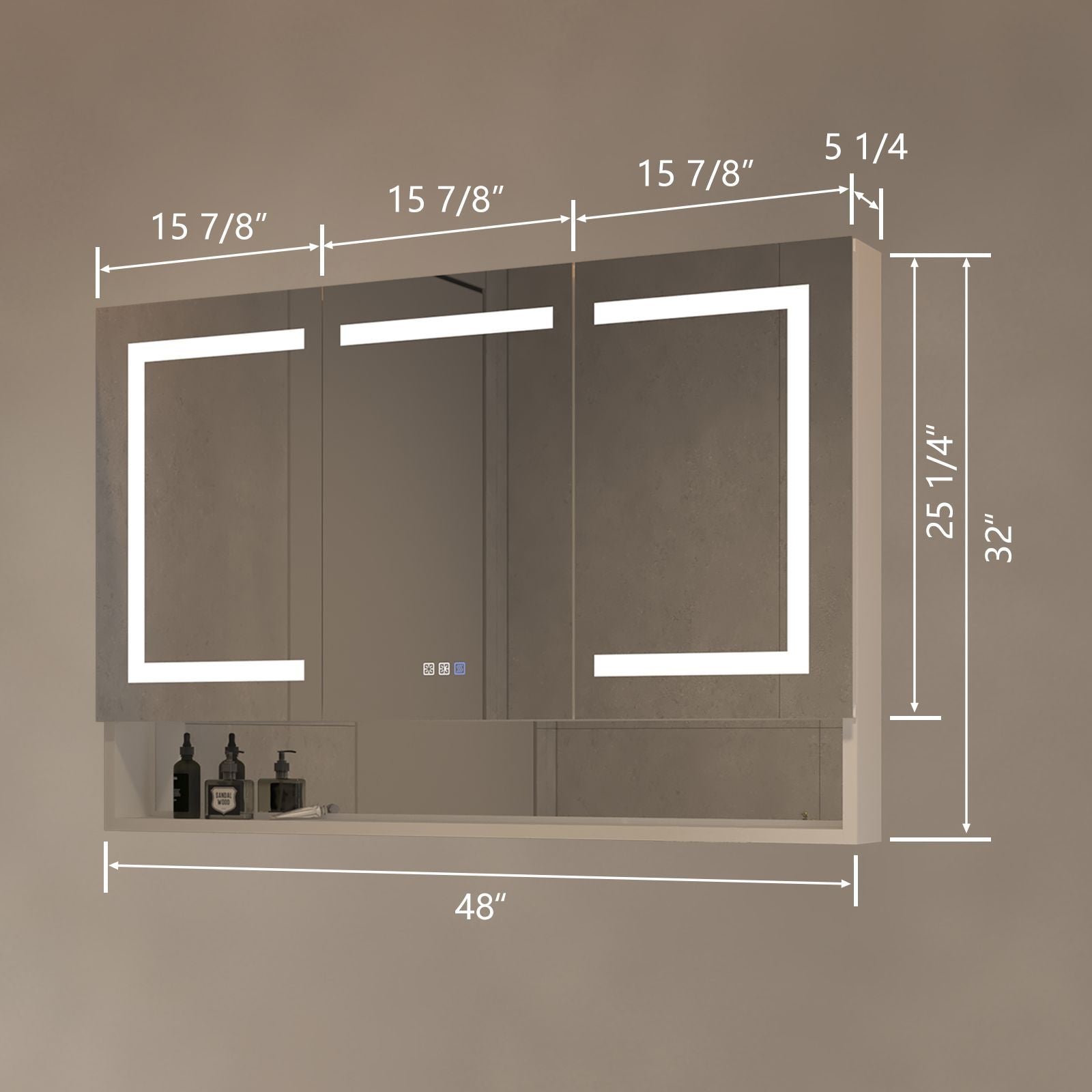 Lighted Medicine Cabinet 48 X 32 Inch, Recessed Or Surfaceclock, Room Temp Display,Defog,Night Light,Stepless Dimming,3000K 6400K, Outlets & Usbs,Double Sided Mirror.Silver External Storage Shelf. Silver Aluminium