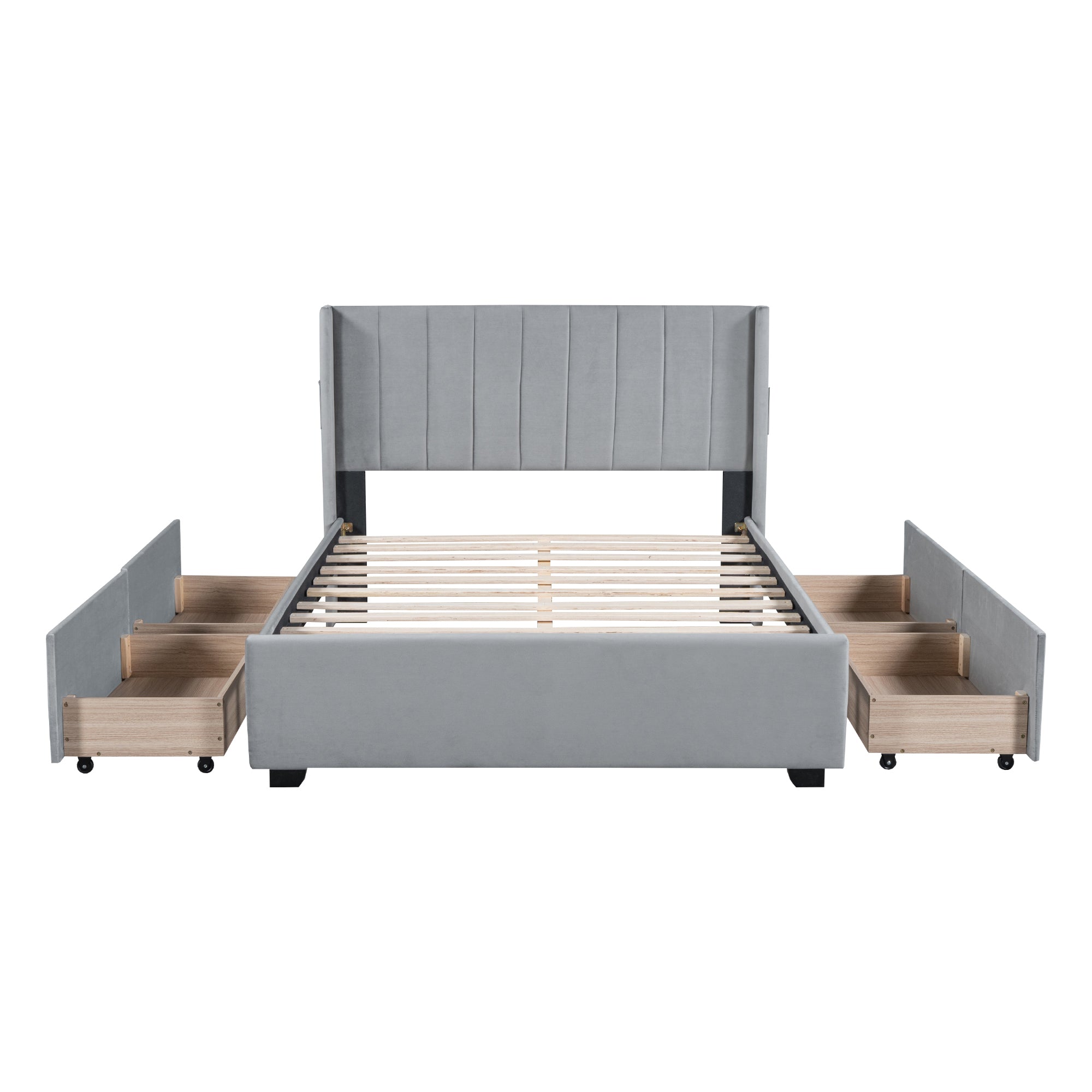Full Size Upholstered Bed with 4 Drawers, Gray gray-velvet