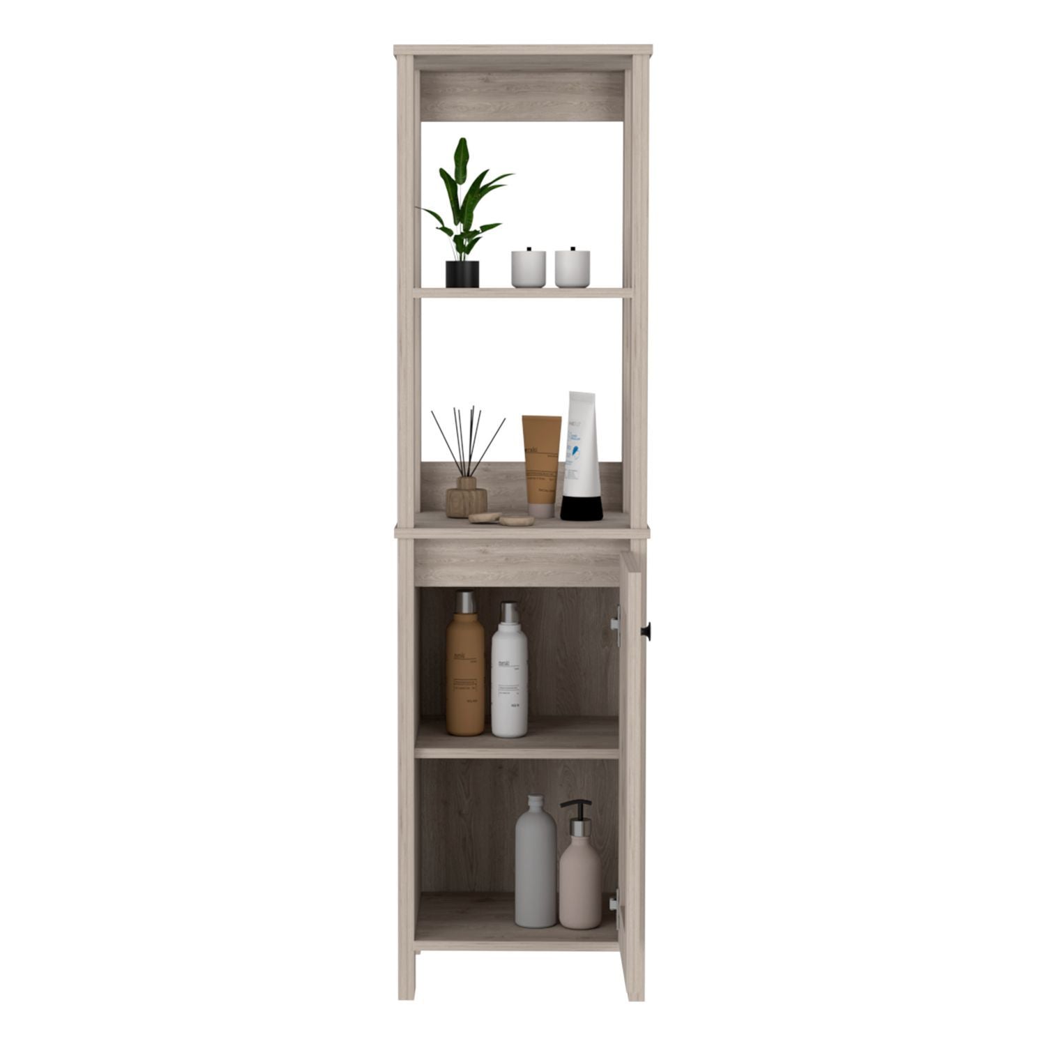 Linen Single Door Cabinet 59" H, Two Interior Shelves, Two Open Shelves, Light Gray Gray Particle Board Particle Board