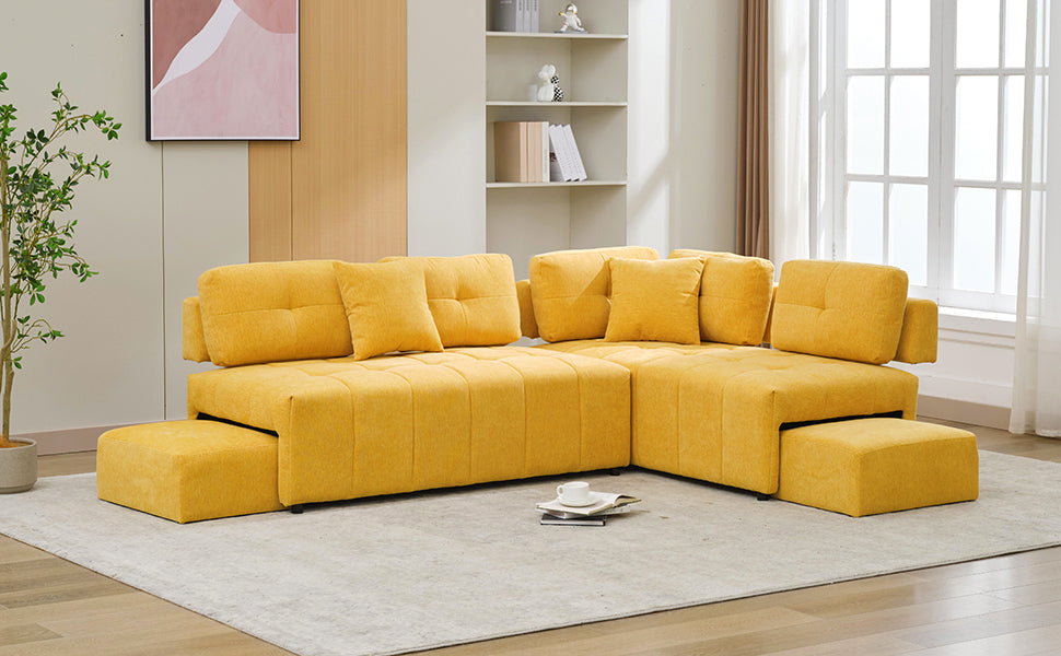 91.73" L Shaped Sofa Sectional Sofa Couch With 2 Stools And 2 Lumbar Pillows For Living Room, Yellow Yellow Chenille