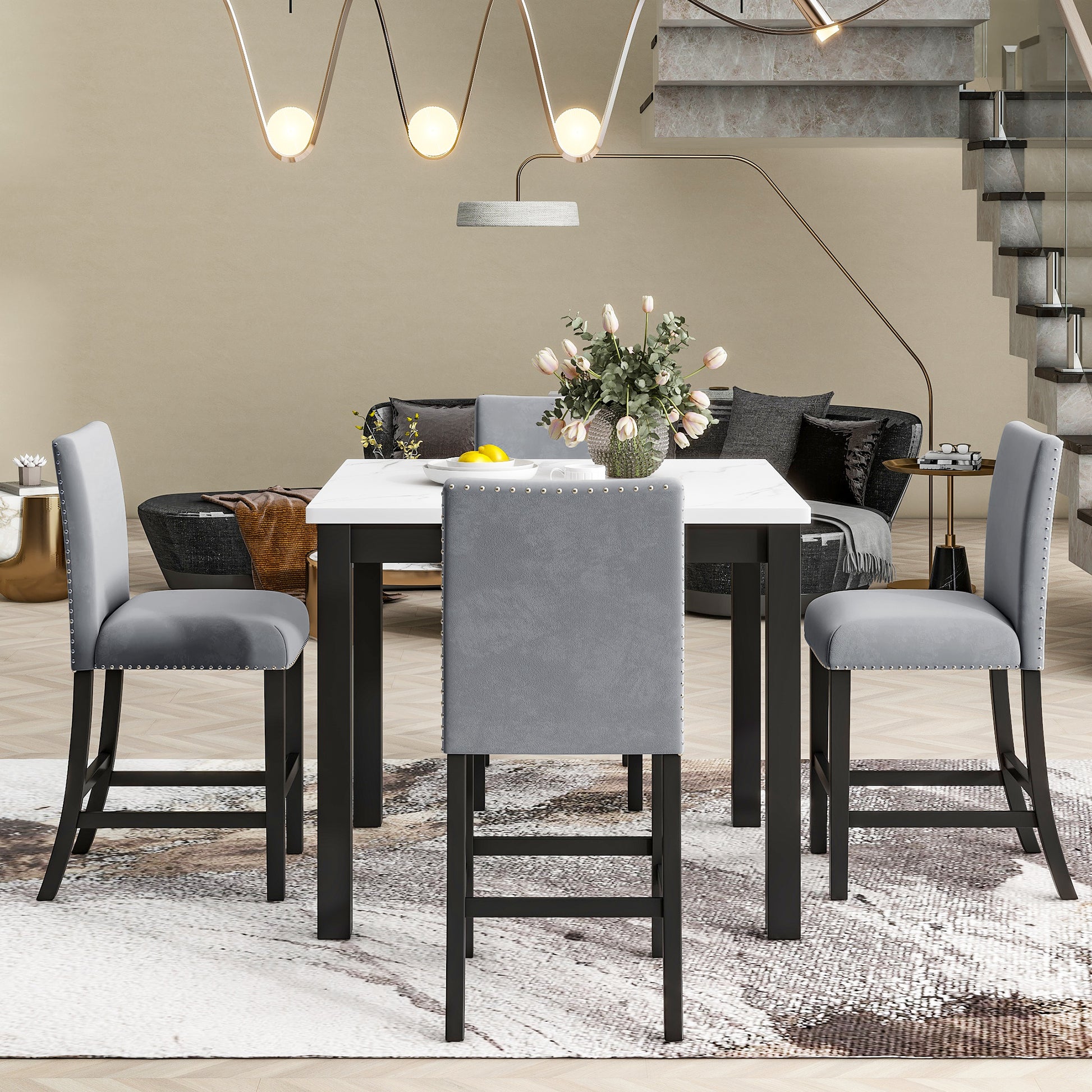 5 Piece Counter Height Dining Table Set With One Faux Marble Top Dining Table And Four Velvet Upholstered Chairs,Grey Grey Mdf