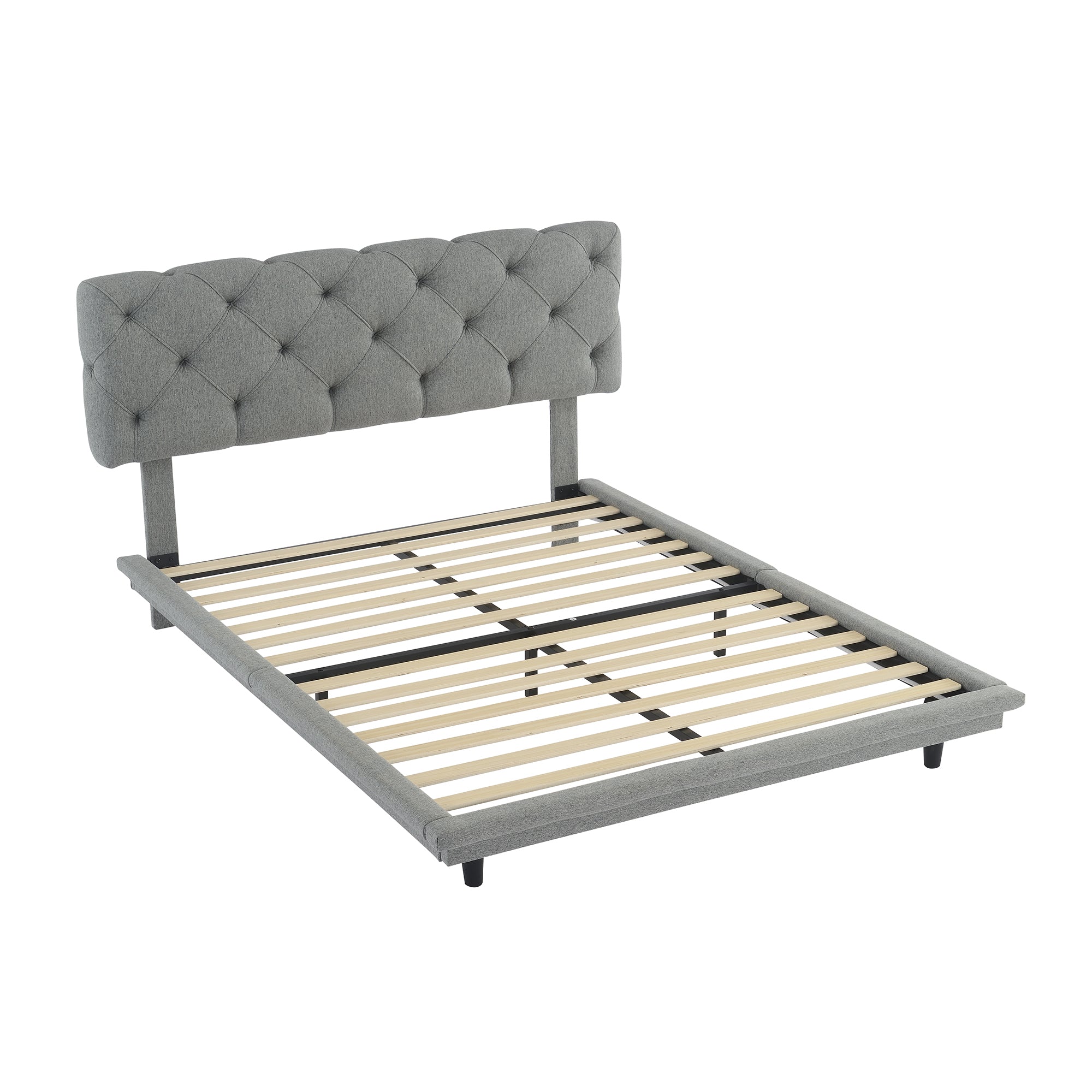 Full Size Upholstered Bed with Light Stripe, Floating full-gray-linen