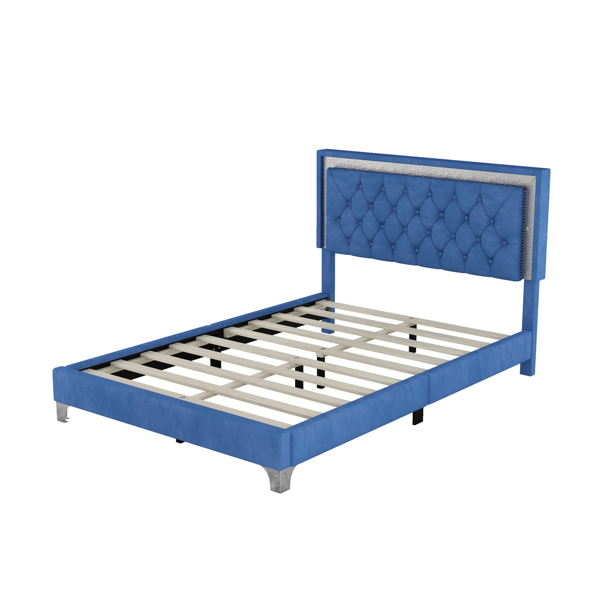 Full Size Upholstered Bed Frame With Led Lights,Modern Velvet Platform Bed With Tufted Headboard,Blue Blue Velvet