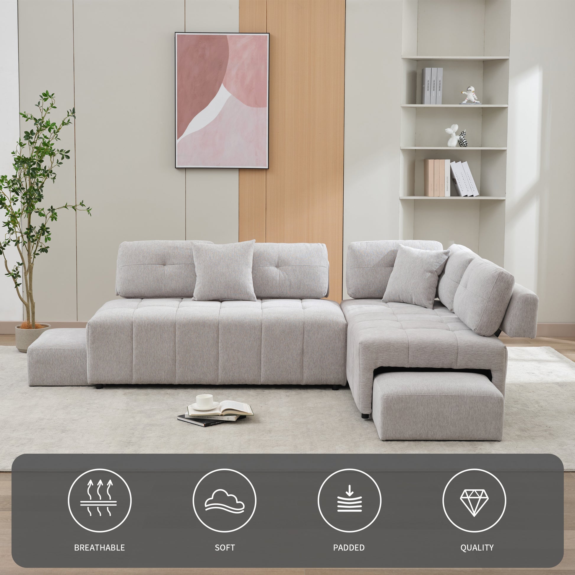 91.73" L Shaped Sofa Sectional Sofa Couch With 2 Stools And 2 Lumbar Pillows For Living Room, Light Grey Light Grey Chenille