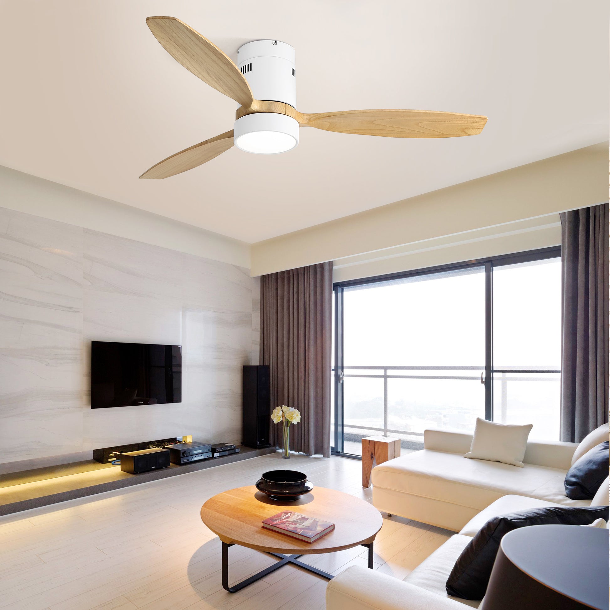 52 Inch Flush Mount Ceiling Fan Dc 3 Solid Wood Fan Blade Noiseless Reversible Motor Remote Control With Light White Metal & Wood