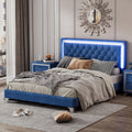 Queen Size Upholstered Bed Frame With Led Lights,Modern Velvet Platform Bed With Tufted Headboard,Blue Blue Velvet