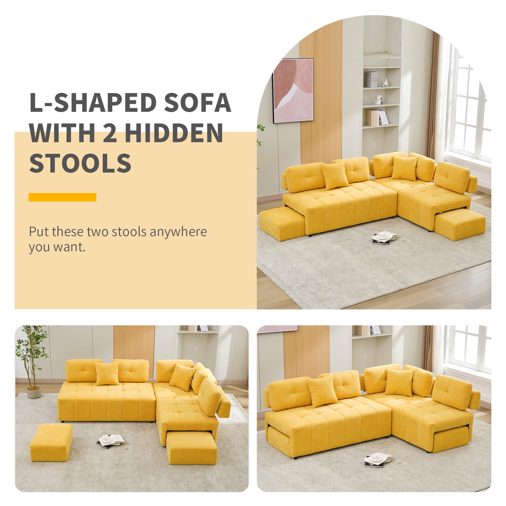 91.73" L Shaped Sofa Sectional Sofa Couch With 2 Stools And 2 Lumbar Pillows For Living Room, Yellow Yellow Chenille