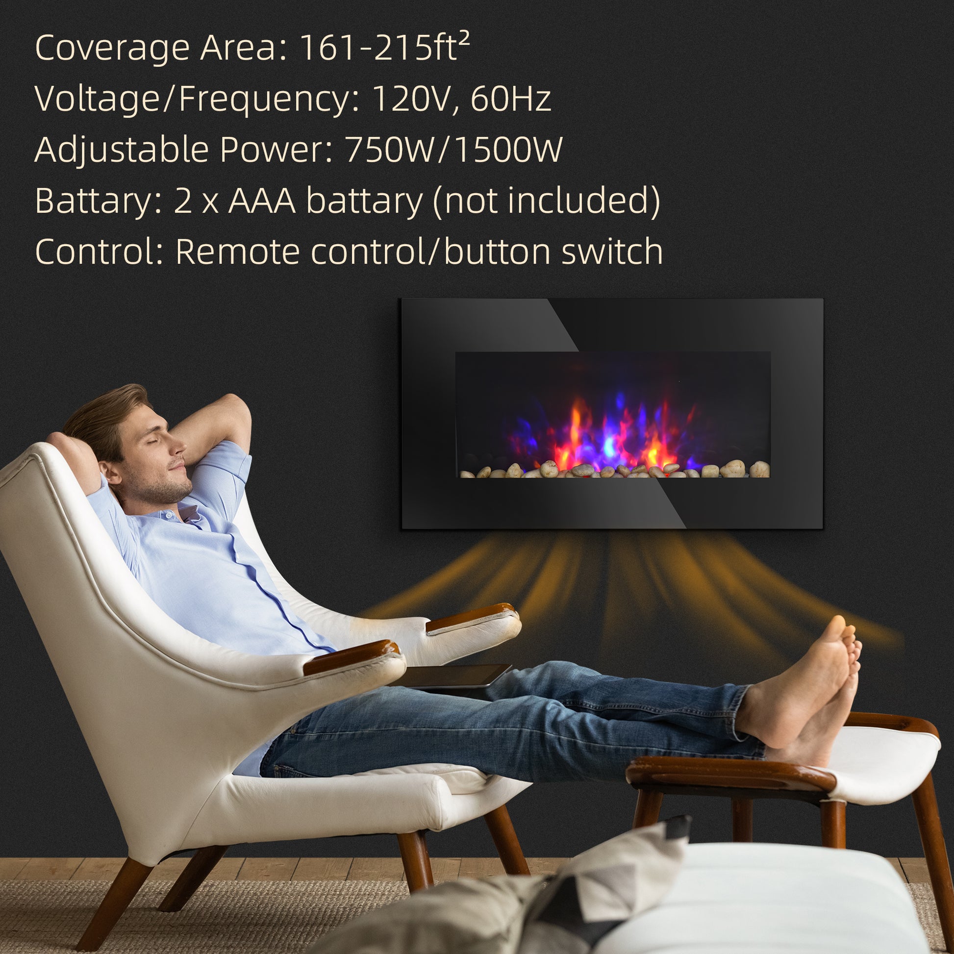 28.5" 1500W Electric Wall Mounted Fireplace With Flame Effect, 7 Color Background Light, Black Black Tempered Glass