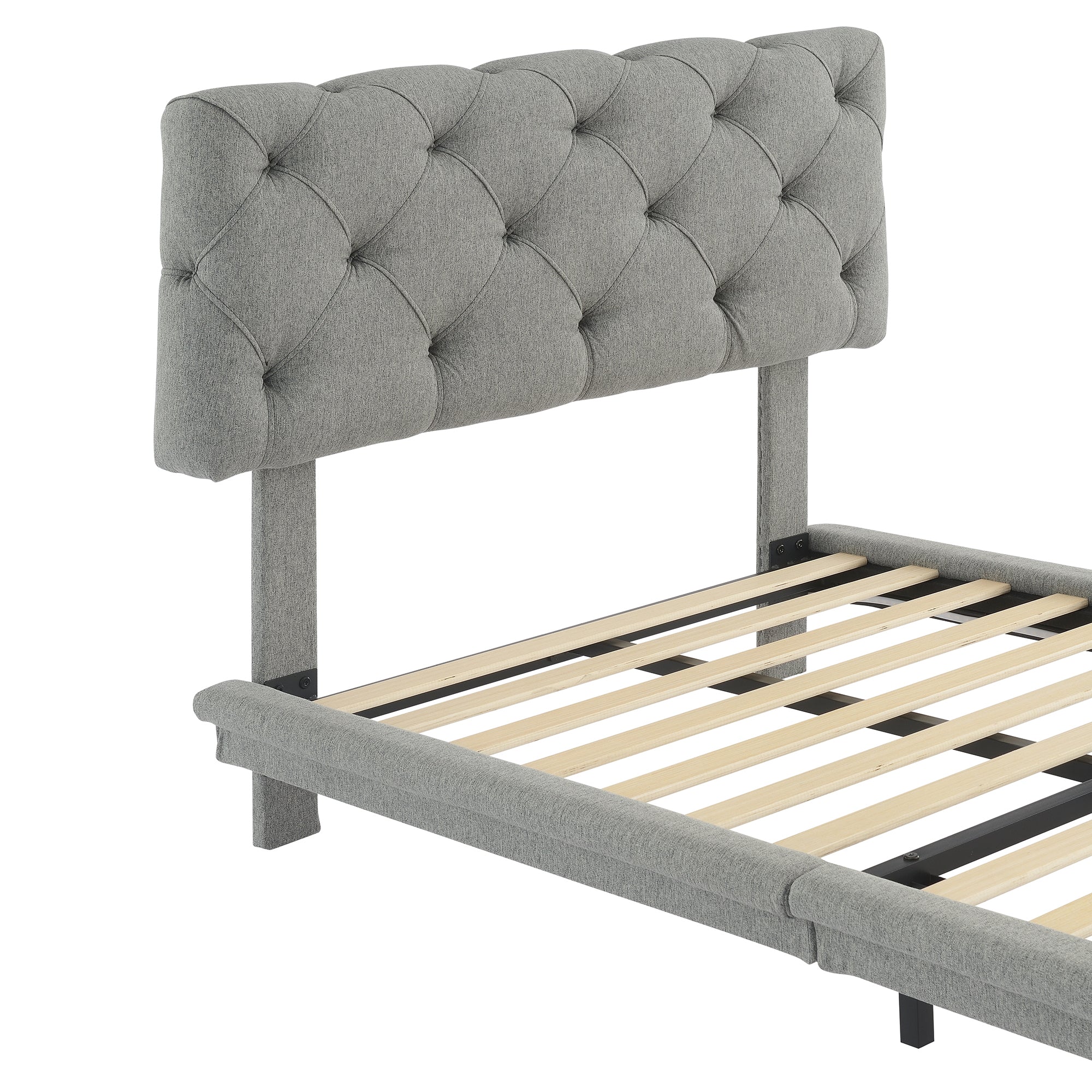Twin Size Upholstered Bed with Light Stripe, Floating gray-linen