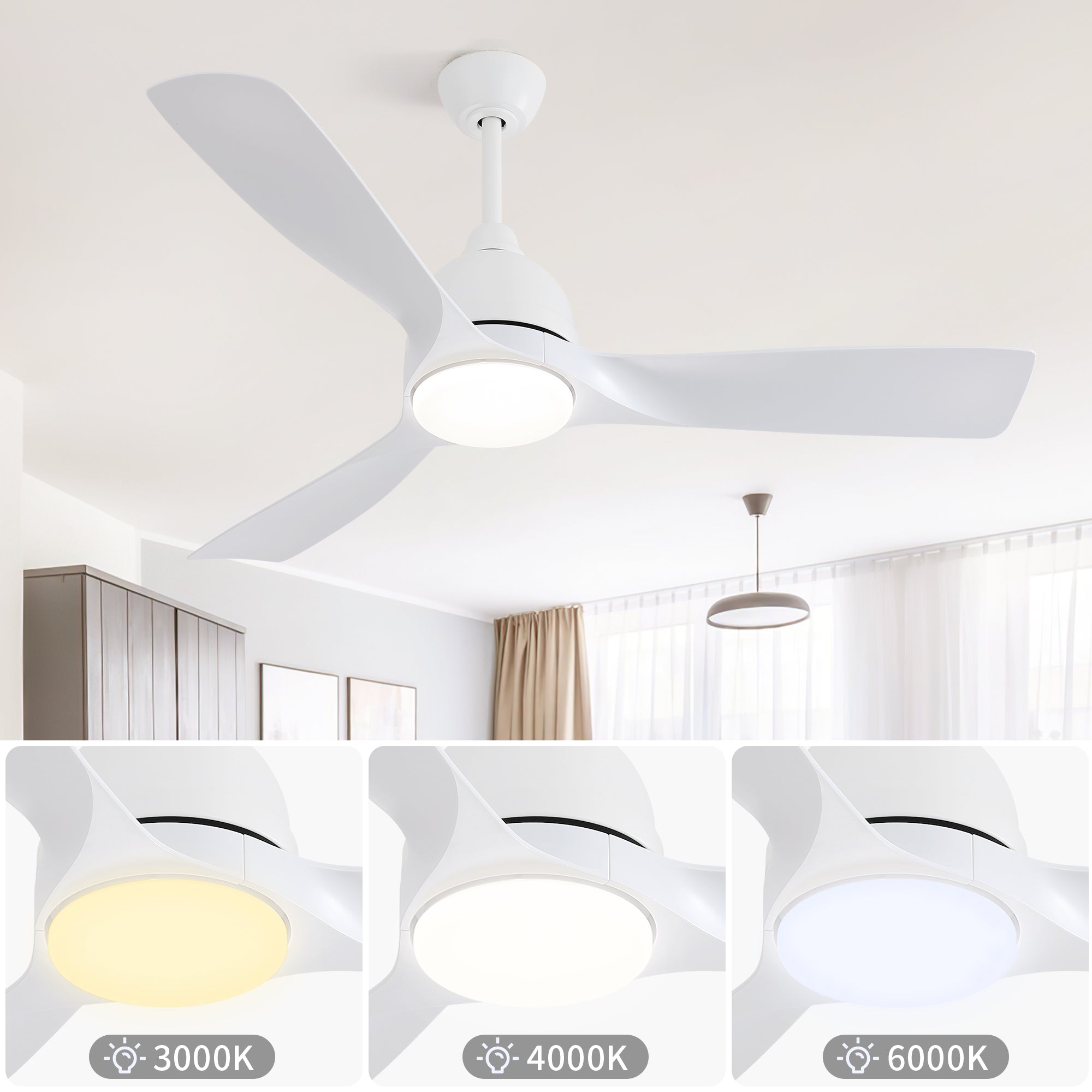 54 Inch White ABS Ceiling Fan 6 Speed Smart Remote white-abs