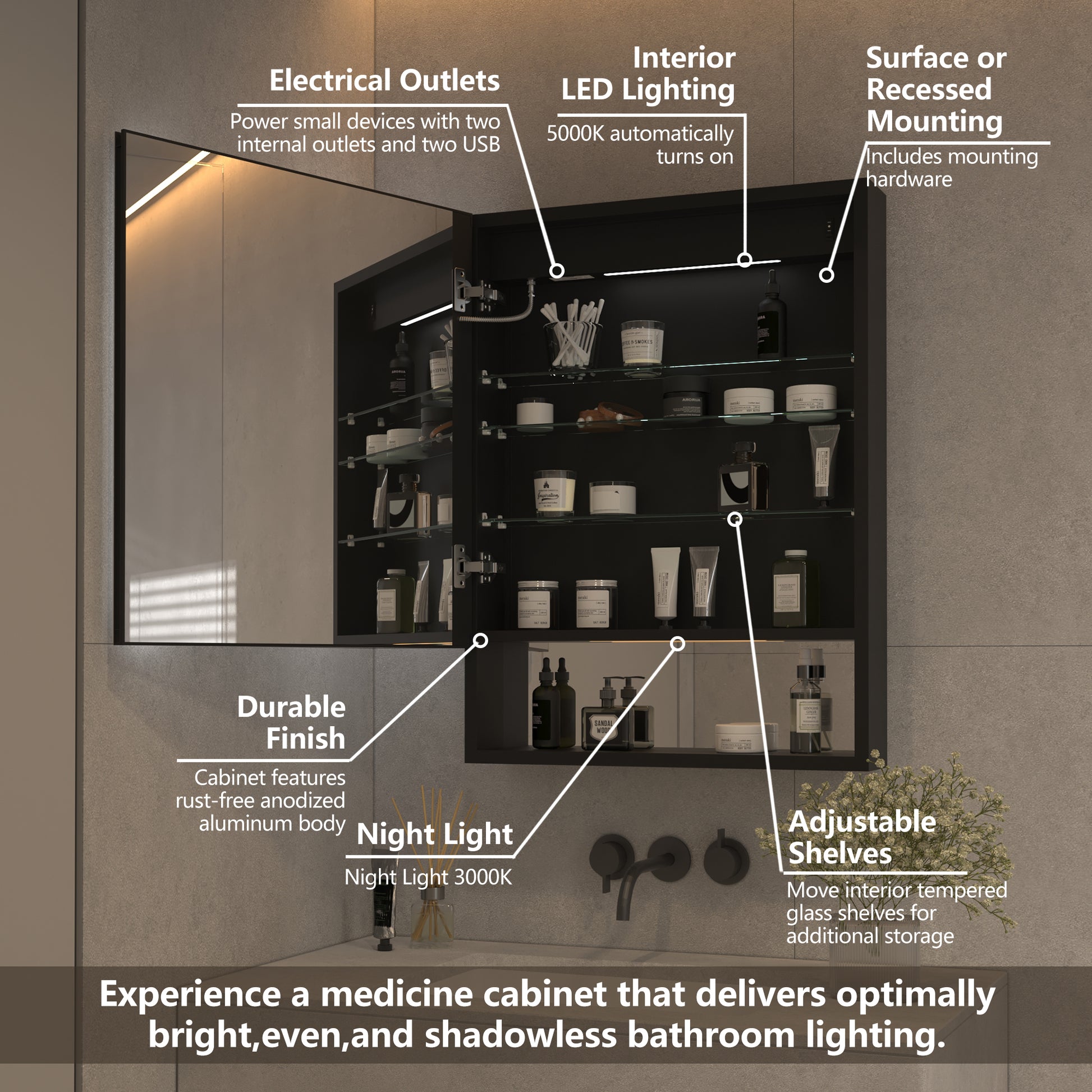 Lighted Medicine Cabinet 24 X 32 Inch, Recessed Or Surface,Clock, Room Temp Display,Defog,Night Light,Stepless Dimming,3000K 6400K, Outlets & Usbs,Hinge On The Left.With External Storage Shelf. Black Aluminium