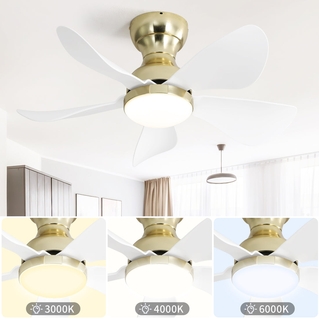 29 Inch Indoor Flush Mount Ceiling Fan with Light gold-abs