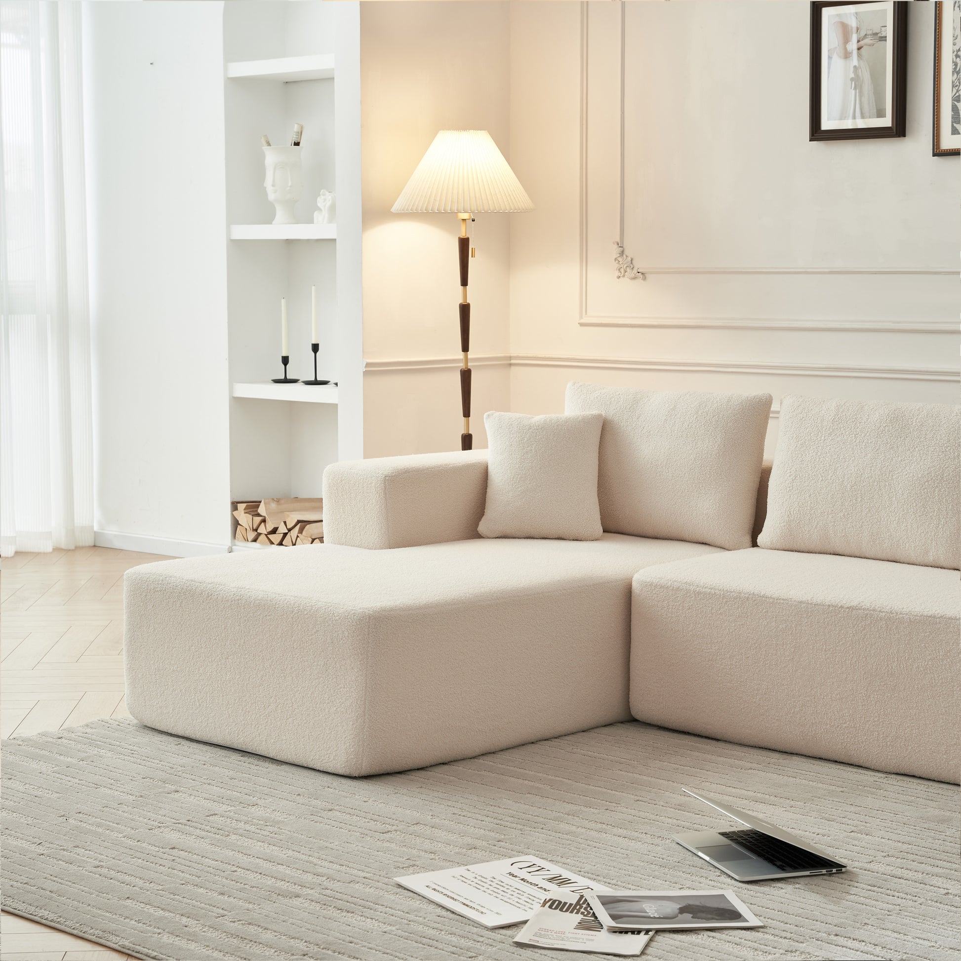 104.33" Sponge Sectional Sofa Couch For Living Room, L Shaped Modern Lamb Modular High Density Sponge Floor Sofa, Sherpa Fabric Sofa Couch With Chaise Lounge, Upholstered Corner Cloud Couch, Beige Beige Primary Living Space Soft Square Arms Foam Foam 5
