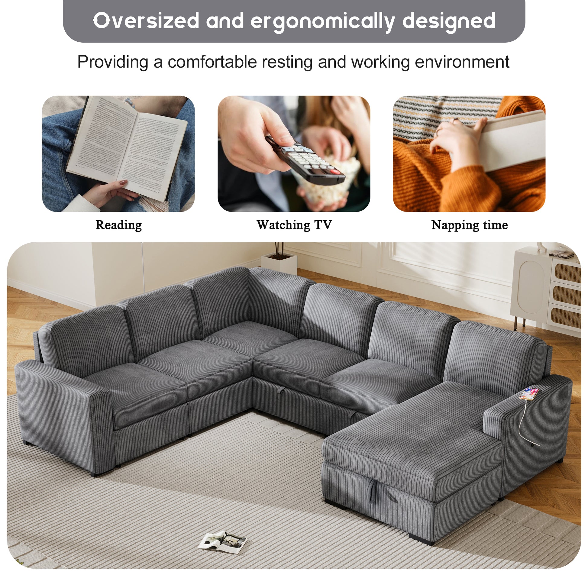 U Shaped Corduroy Combination Corner Sofa With Storage Lounge Chair, 6 Seater Oversized Sofa, With Usb Interfaces,Suitable For Living Room, Office, And Spacious Space Gray Polyester 6 Seat