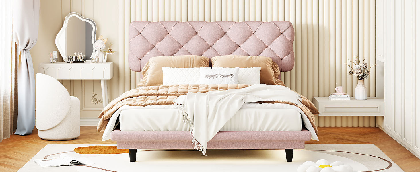 Full Size Upholstered Bed With Light Stripe, Floating Platform Bed, Linen Fabric,Pink Full Pink Linen