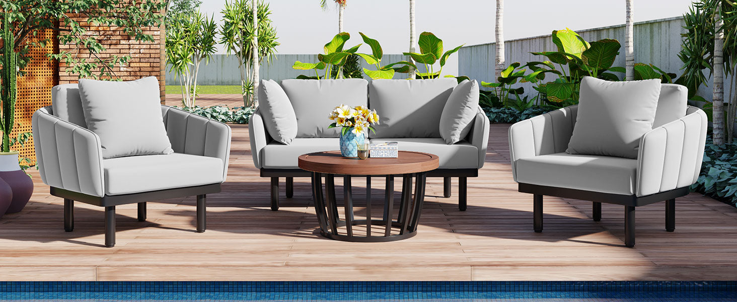 Luxury Modern 4 Piece Outdoor Iron Frame Conversation Set, Patio Chat Set With Acacia Wood Round Coffee Table For Backyard, Deck, Poolside, Indoor Use, Loveseat Arm Chairs, Gray Yes Sectional Gray Weather Resistant Frame Water Resistant Cushion Garden &