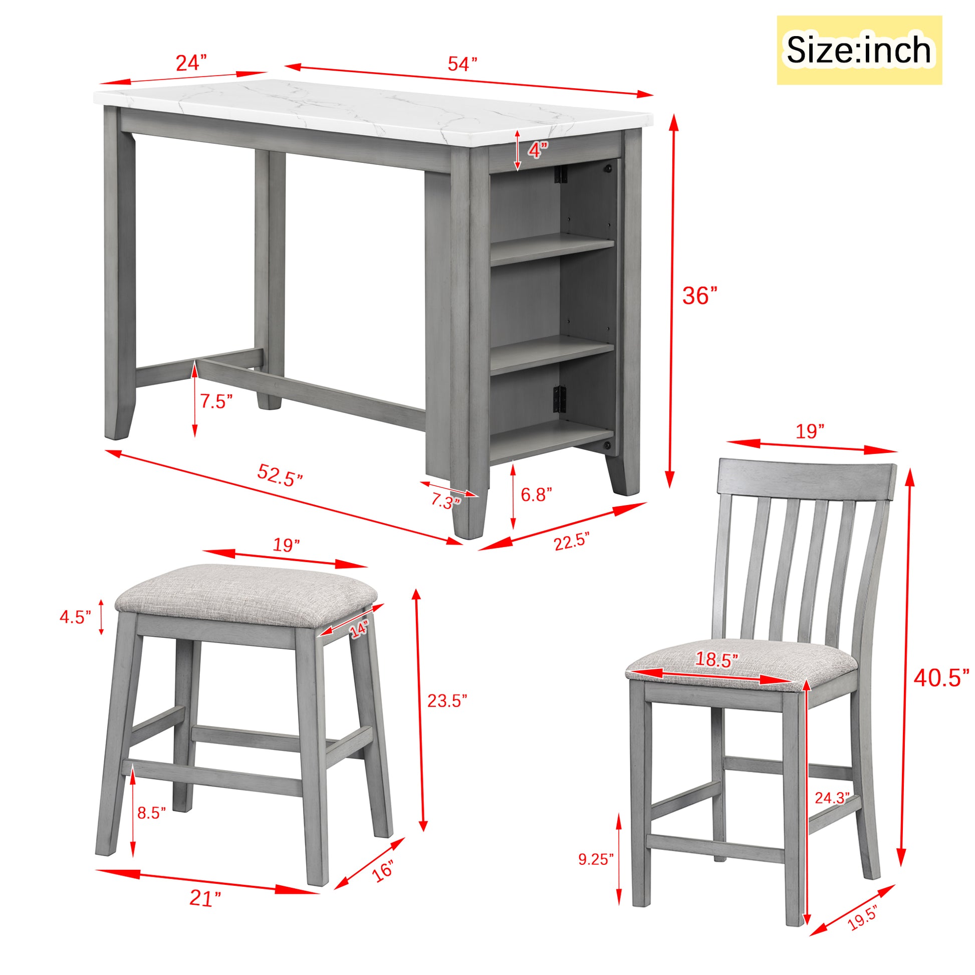 5 Piece Counter Height Dining Table Set With Built In Storage Shelves,Grey Grey Mdf