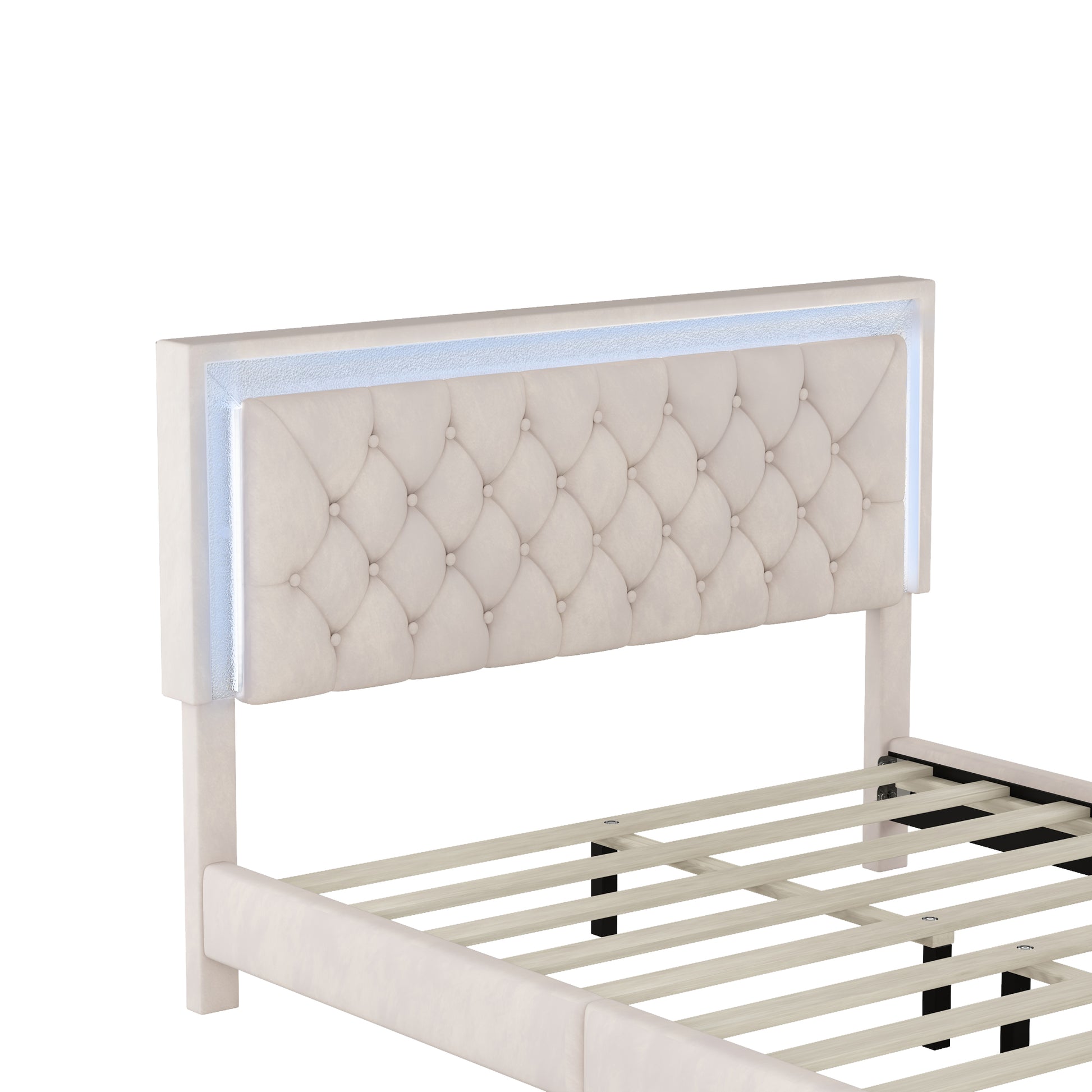 Queen Size Upholstered Bed Frame With Led Lights,Modern Velvet Platform Bed With Tufted Headboard,Beige Beige Velvet
