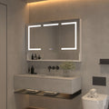 Lighted Medicine Cabinet 48 X 32 Inch, Recessed Or Surfaceclock, Room Temp Display,Defog,Night Light,Stepless Dimming,3000K 6400K, Outlets & Usbs,Double Sided Mirror.Silver External Storage Shelf. Silver Aluminium