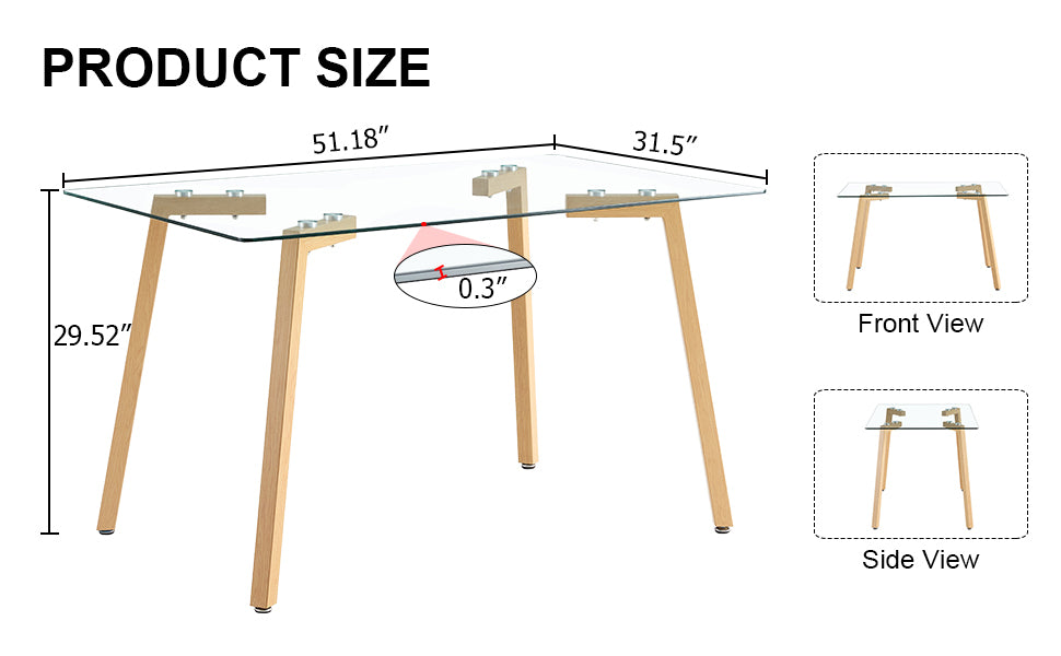 Glass Dining Table Modern Minimalist Rectangle, 4 6, 0.31 "Tempered Glass Tabletop With Wooden Coated Metal Legs, Writing Desk, Suitable For Kitchens, Restaurants, And Living Rooms, 51" W X 31"D X 30" Transparent Glass