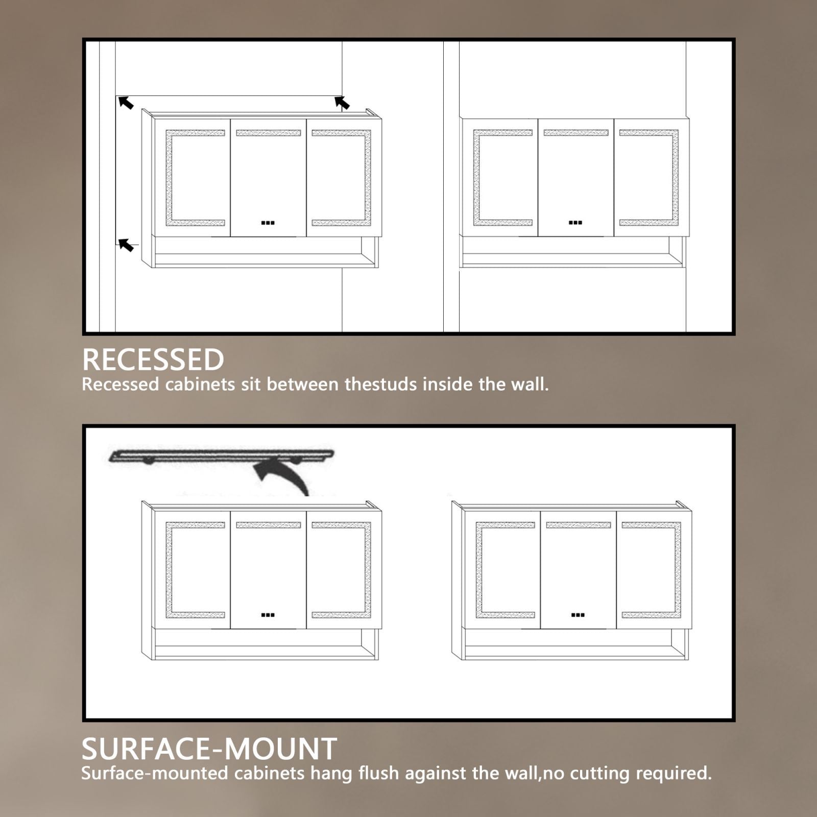 Lighted Medicine Cabinet 48 X 32 Inch, Recessed Or Surfaceclock, Room Temp Display,Defog,Night Light,Stepless Dimming,3000K 6400K, Outlets & Usbs,Double Sided Mirror.Silver External Storage Shelf. Silver Aluminium