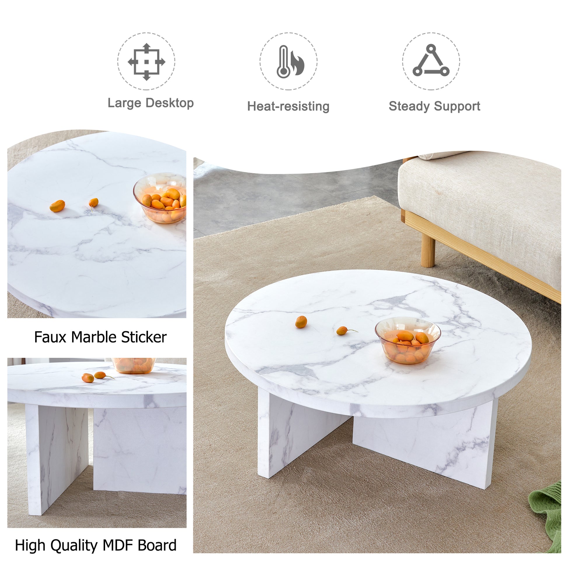 A White Mdf Material Circular Patterned Coffee Table, A 31.4 Inch White Center Table, Modern Coffee Table, Suitable For Small Spaces And Living Rooms. White Mdf