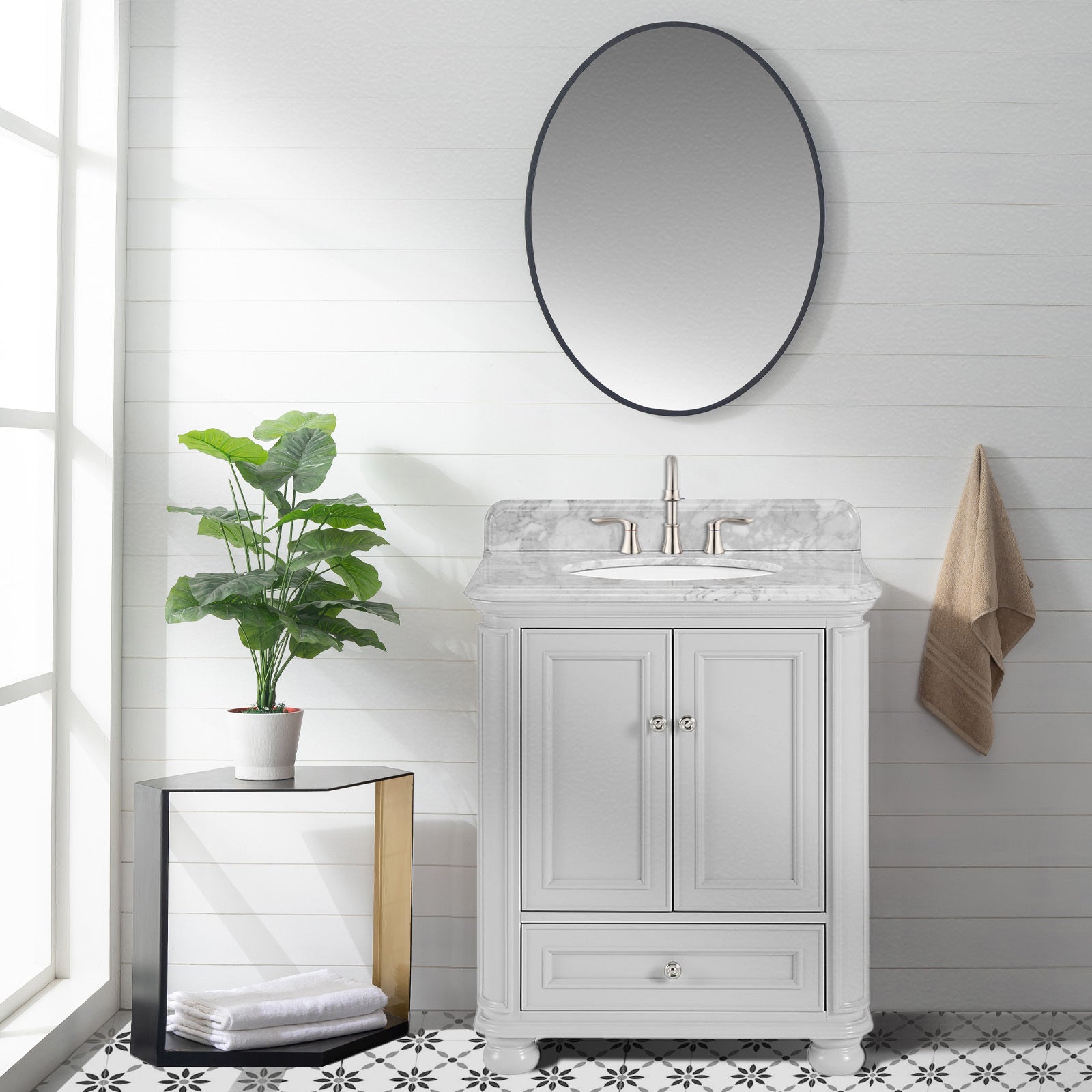 30'' Bathroom Vanity with Carrara Natural Marble Top 1-gray-2-rust