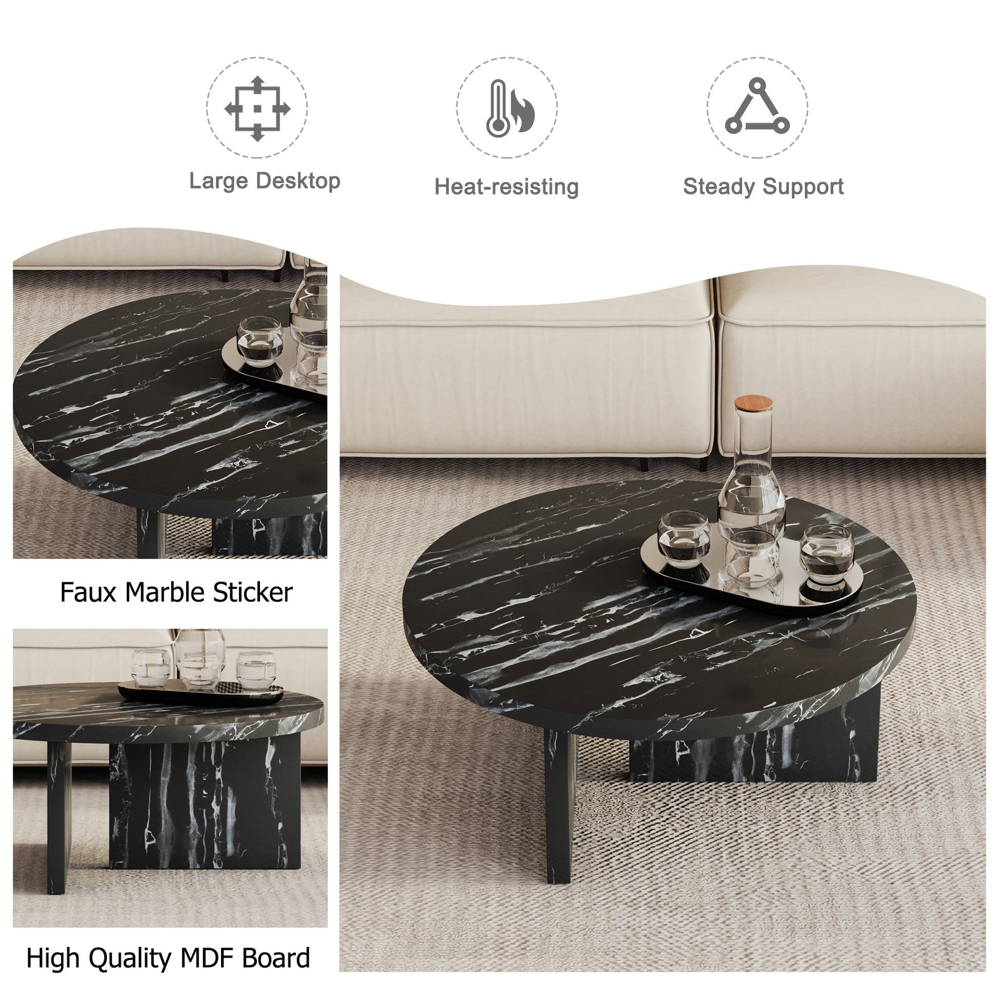 Black Mdf Material Circular Coffee Table With Texture, 31.4 Inch Black Middle Table, Modern Tea Table, Suitable For Small Spaces, Living Room. Black Mdf