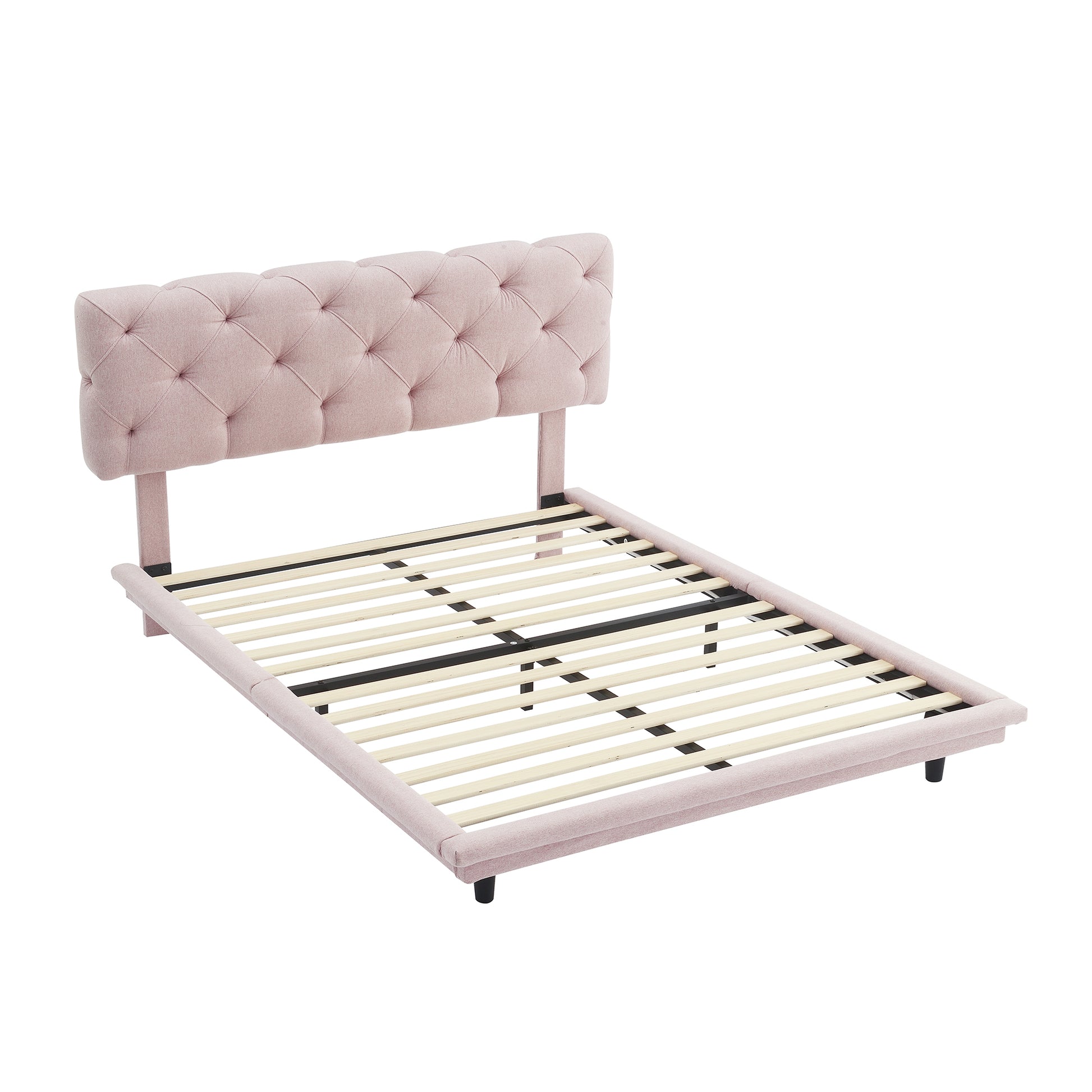 Full Size Upholstered Bed With Light Stripe, Floating Platform Bed, Linen Fabric,Pink Full Pink Linen