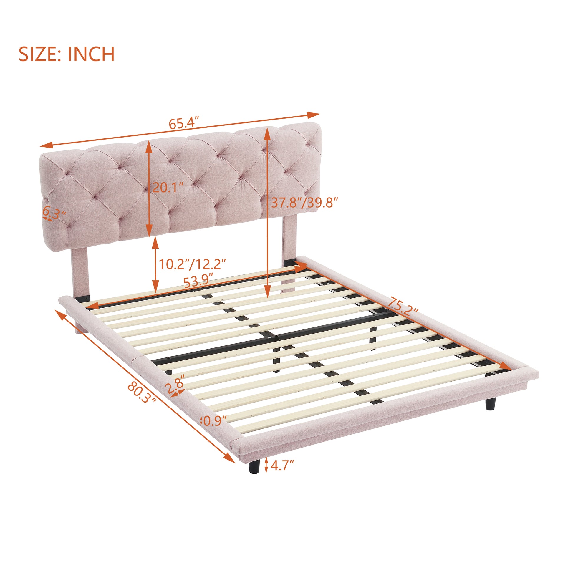 Full Size Upholstered Bed With Light Stripe, Floating Platform Bed, Linen Fabric,Pink Full Pink Linen