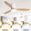 52 Inch Flush Mount Ceiling Fan Dc 3 Solid Wood Fan Blade Noiseless Reversible Motor Remote Control With Light White Metal & Wood