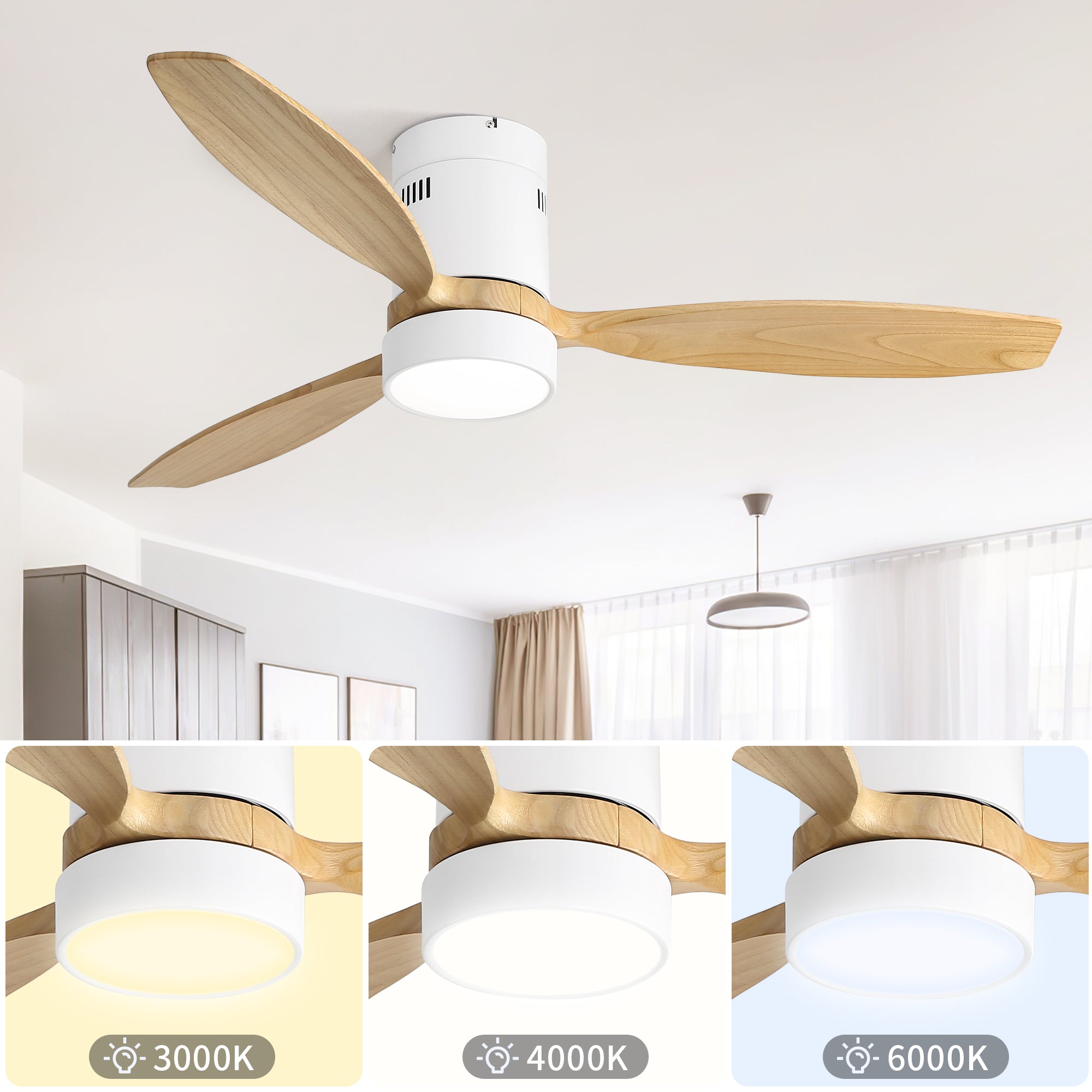 52 Inch Flush Mount Ceiling Fan DC 3 Solid Wood Fan white-metal & wood