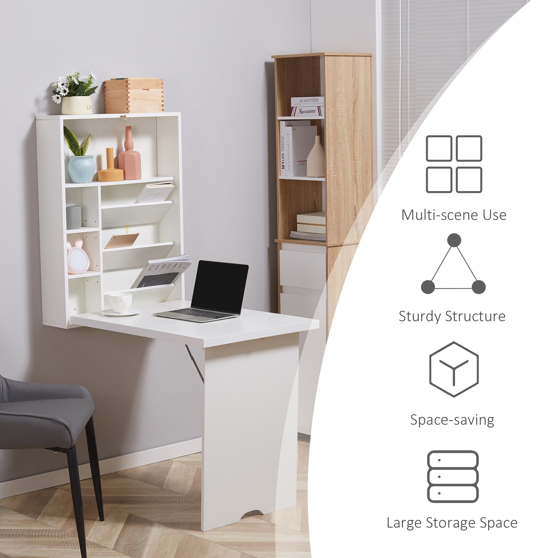 Wall Mounted Fold Out Convertible Desk, Multi Function Floating Desk With Storage Shelf For Home Office, White White Mdf