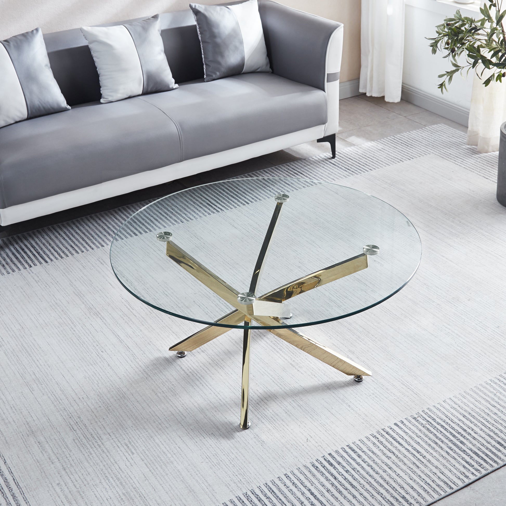 Modern Round Tempered Glass Coffee Table With Chrome Legs Gold Tempered Glass