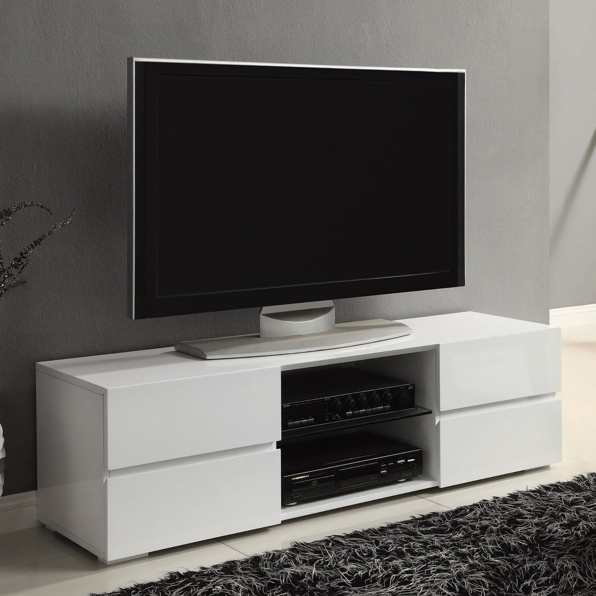 Glossy White 4 Drawer Tv Console White Primary Living Space 50 59 Inches 60 69 Inches Contemporary,Modern 60 Inches Wood