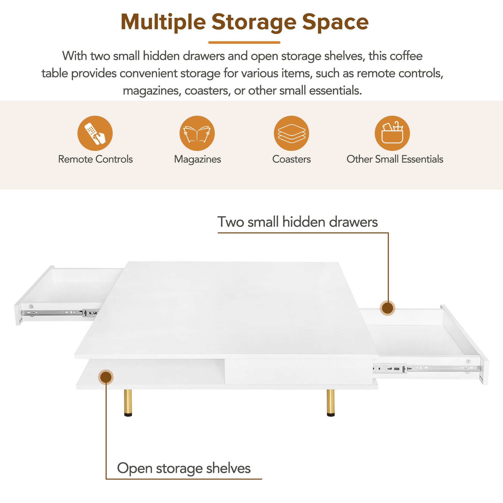 Exquisite High Gloss Coffee Table With 4 Golden Legs And 2 Small Drawers, 2 Tier Square Center Table For Living Room, White White Primary Living Space Particle Board