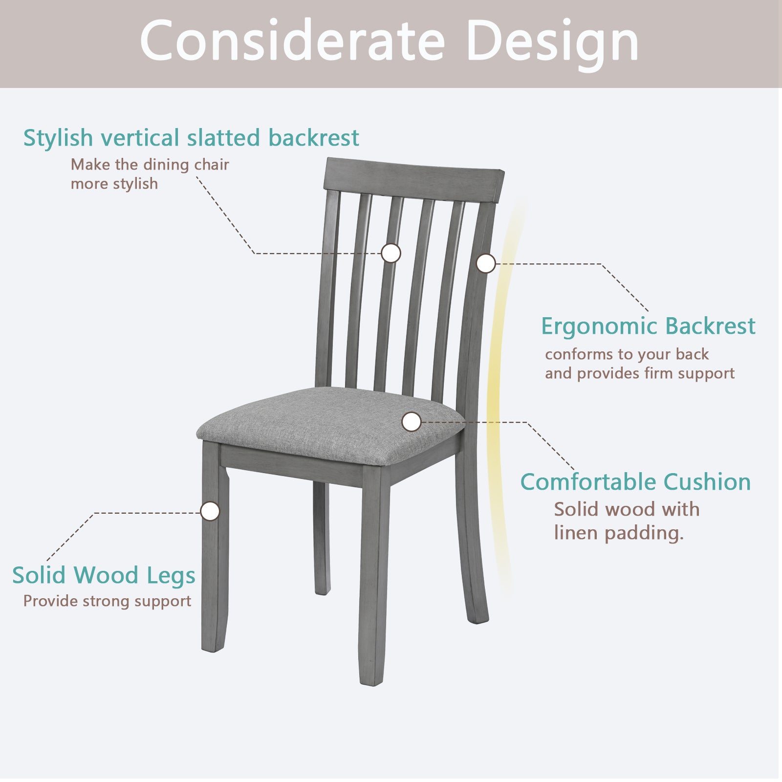 Wooden Dining Chairs Set Of 4, Kitchen Chair With Padded Seat, Upholstered Side Chair For Dining Room, Living Room, Gray Gray Dining Room Rubberwood Rubber Wood