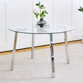 Modern Simple Table With A Glass Round Table And Six Chairs. Transparent Tempered Glass Table Top, Electroplated Table Legs, Bow Chair Legs Set Of 7 Light Yellow Round Glass Metal