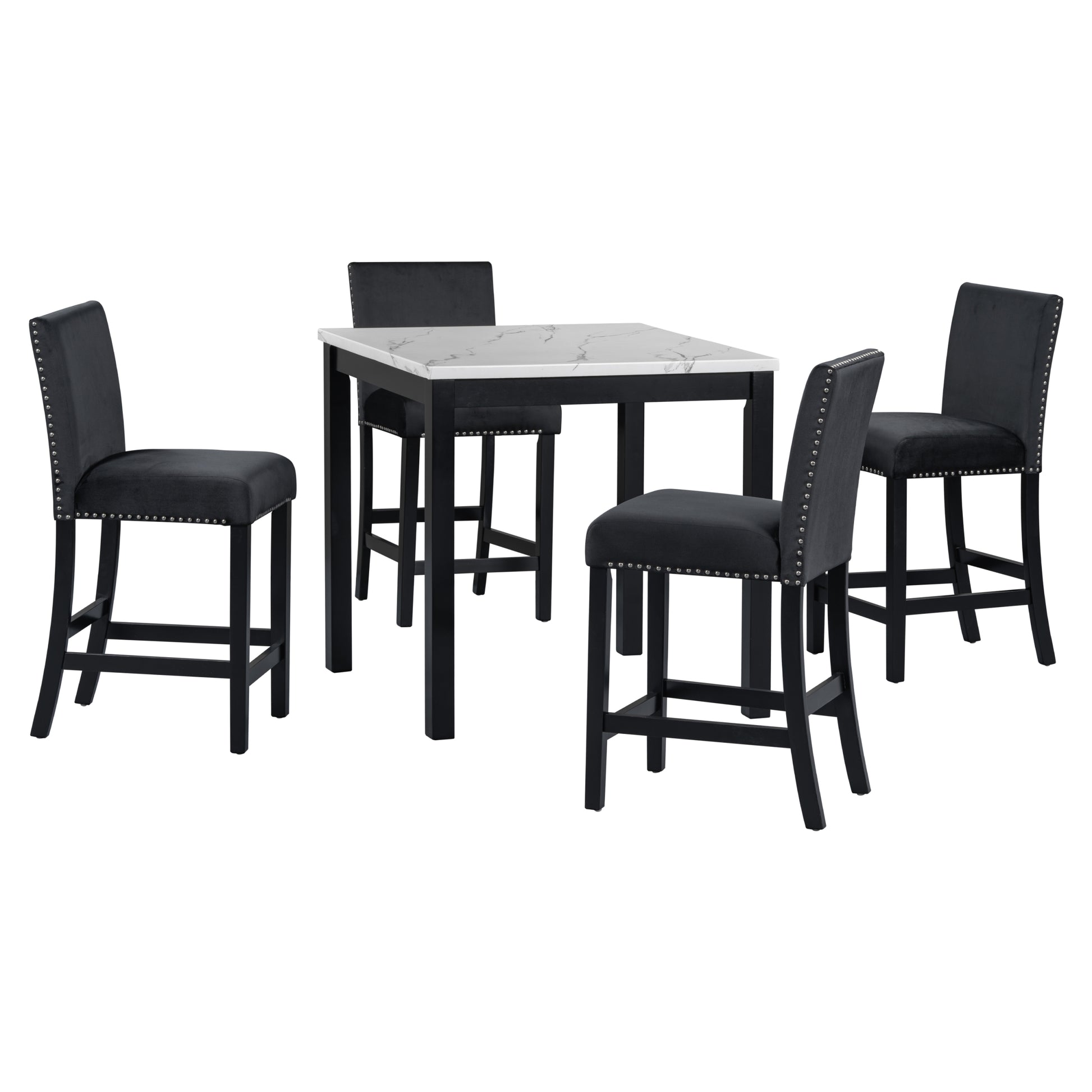 5 Piece Counter Height Dining Table Set With One Faux Marble Top Dining Table And Four Velvet Upholstered Chairs,Black Black Mdf