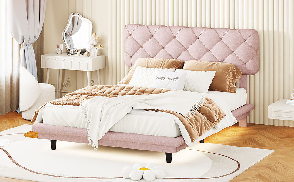 Full Size Upholstered Bed With Light Stripe, Floating Platform Bed, Linen Fabric,Pink Full Pink Linen