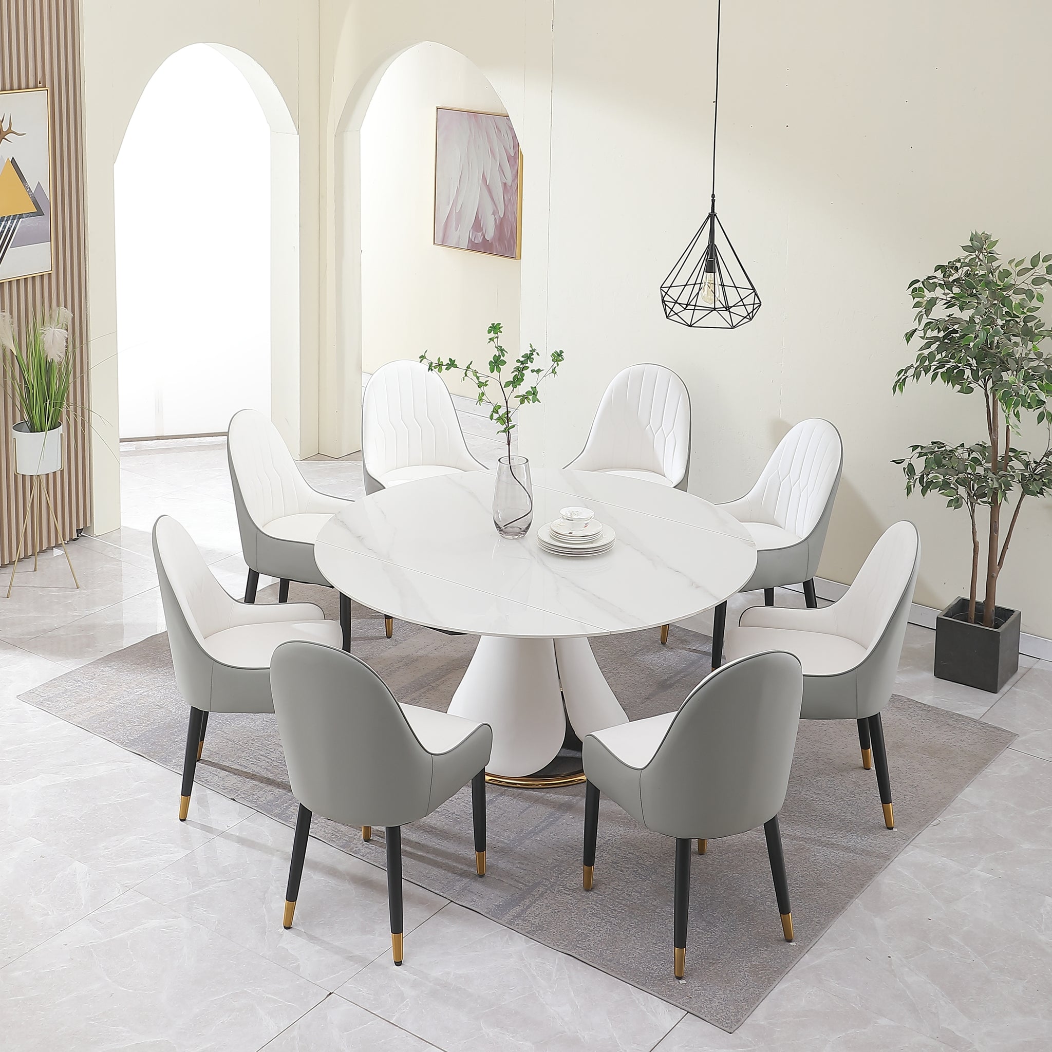 Fashion Modern Sinntered Stone Dining Table With Simple And Multi Functional Retractable Dining Table With 8 Pcs Chairs Beige White Sintered Stone