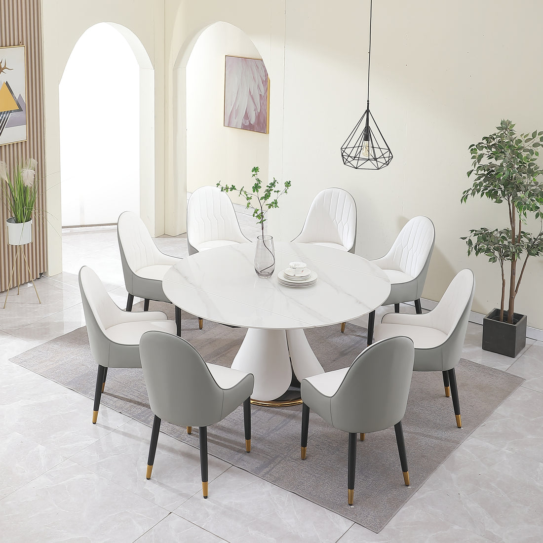 Fashion Modern Sinntered Stone Dining Table With Simple And Multi Functional Retractable Dining Table With 8 Pcs Chairs Beige White Sintered Stone