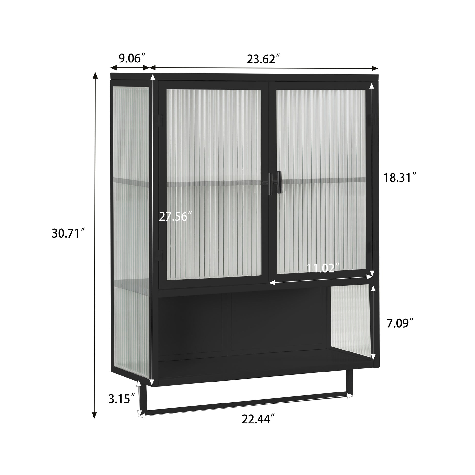 23.62"Glass Doors Modern Two Door Wall Cabinet With Featuring Two Tier Enclosed Storage, An Open Shelf, And Towel Rack, For Entryway Living Room Bathroom Dining Room,Black Black Glass Metal