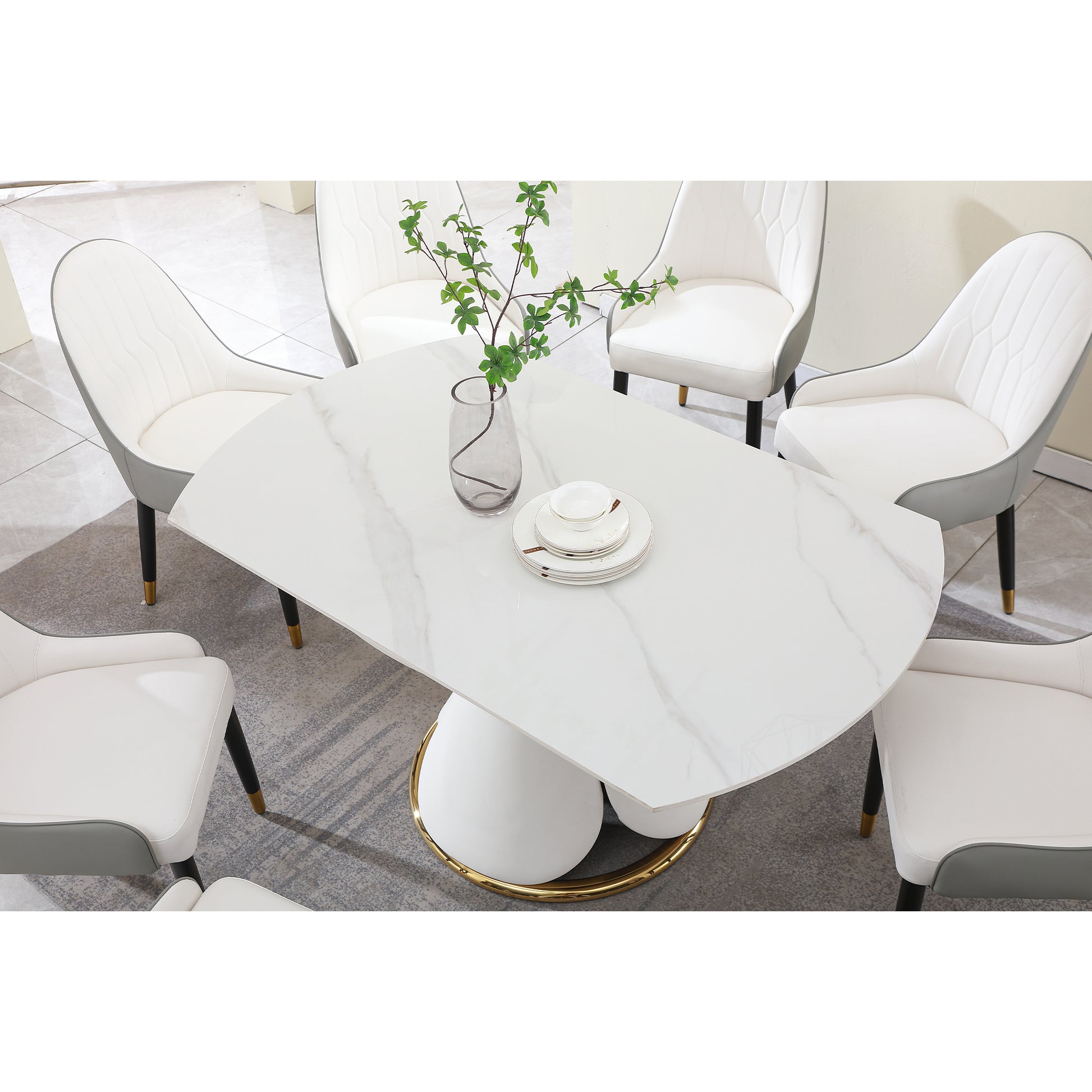 Fashion Modern Sinntered Stone Dining Table With Simple And Multi Functional Retractable Dining Table With 8 Pcs Chairs Beige White Sintered Stone