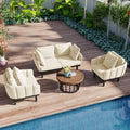Luxury Modern 4 Piece Outdoor Iron Frame Conversation Set, Patio Chat Set With Acacia Wood Round Coffee Table For Backyard, Deck, Poolside, Indoor Use, Loveseat Arm Chairs, Beige Yes Sectional Beige Weather Resistant Frame Water Resistant Cushion Garden