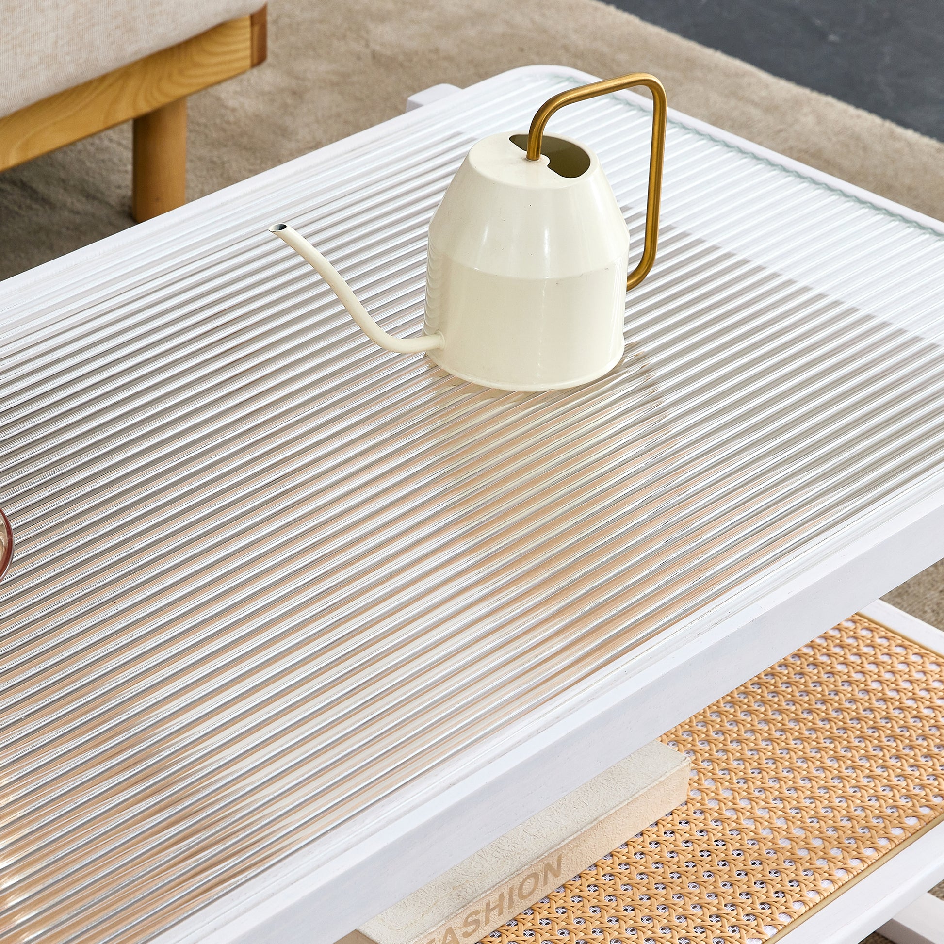 Modern Minimalist White Double Layered Solid Wood Coffee Table. Glass Tabletop, Imitation Rattan Edge Table. Rectangular Table Suitable For Living Room, Dining Room, And Bedroom White Wood