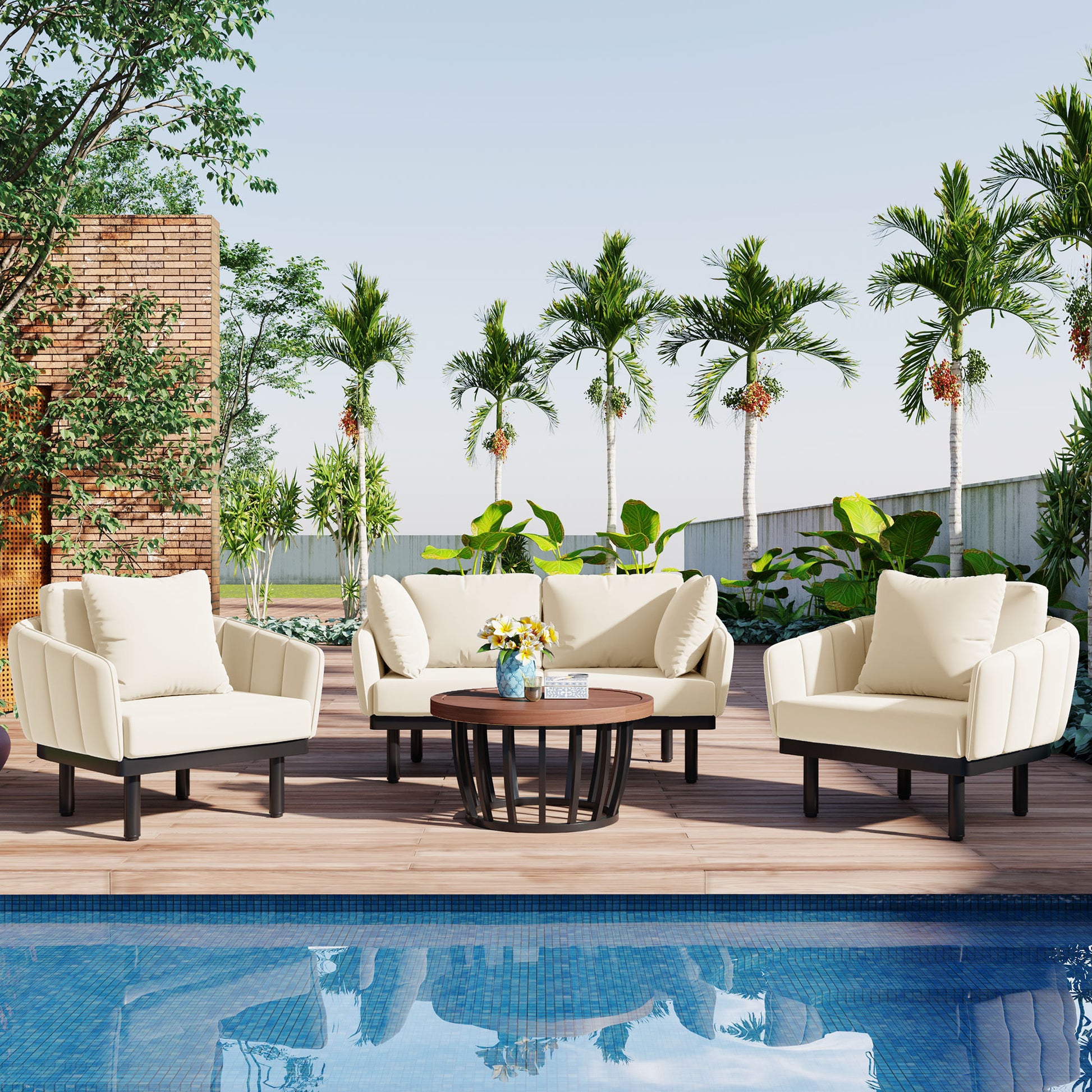 Luxury Modern 4 Piece Outdoor Iron Frame Conversation Set, Patio Chat Set With Acacia Wood Round Coffee Table For Backyard, Deck, Poolside, Indoor Use, Loveseat Arm Chairs, Beige Yes Sectional Beige Weather Resistant Frame Water Resistant Cushion Garden