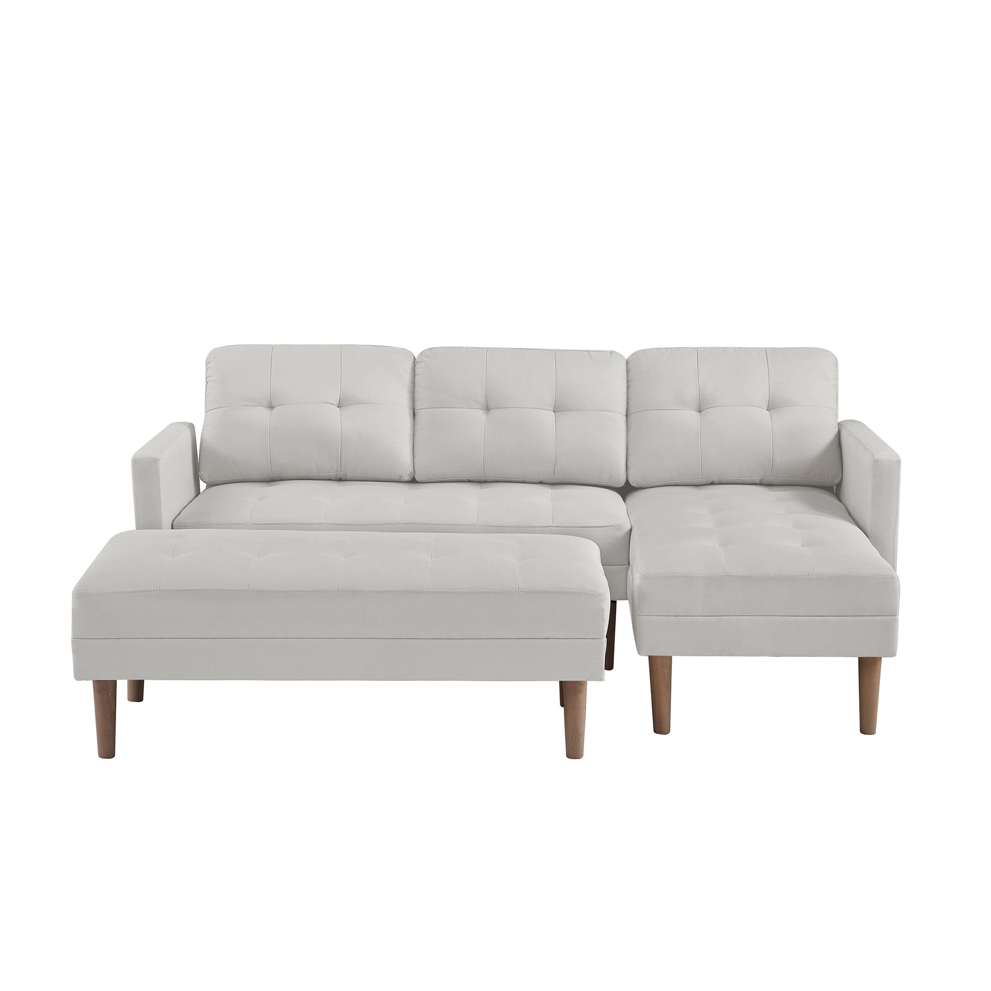 White Fabric Right Facing Sectional Sofa Bedl Shape Sofa Chaise Lounge With Ottoman Bench White Wood Tufted Back Square Arms Foam Fabric 3 Seat