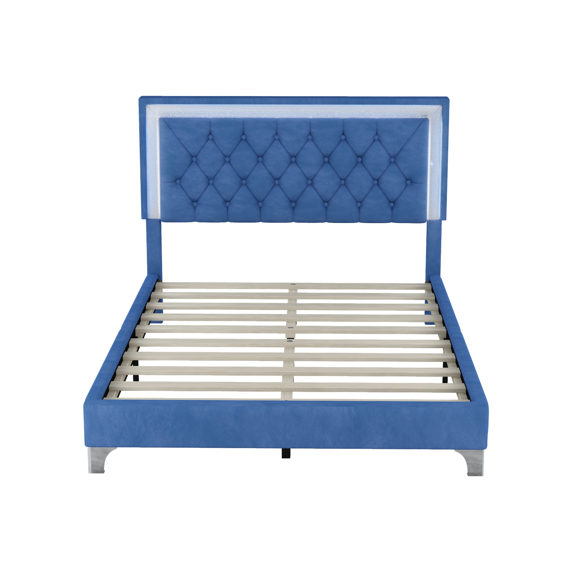 Full Size Upholstered Bed Frame With Led Lights,Modern Velvet Platform Bed With Tufted Headboard,Blue Blue Velvet